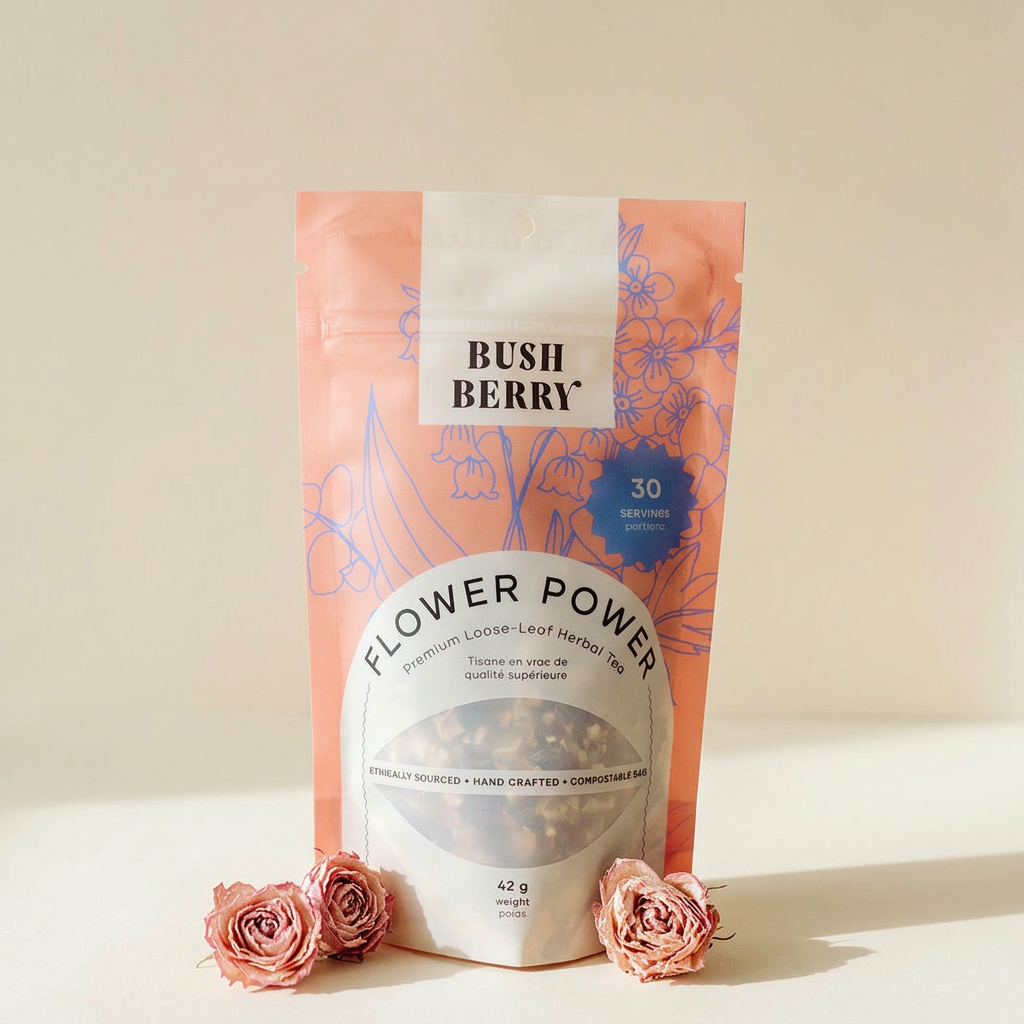 Flower Power tea bag and dried roses on a cream background