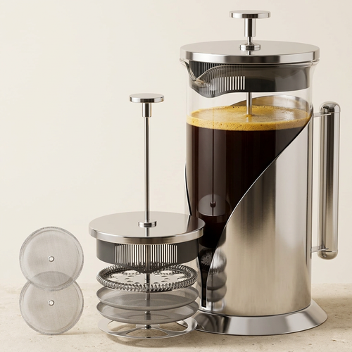 French press with accessories on cream stone