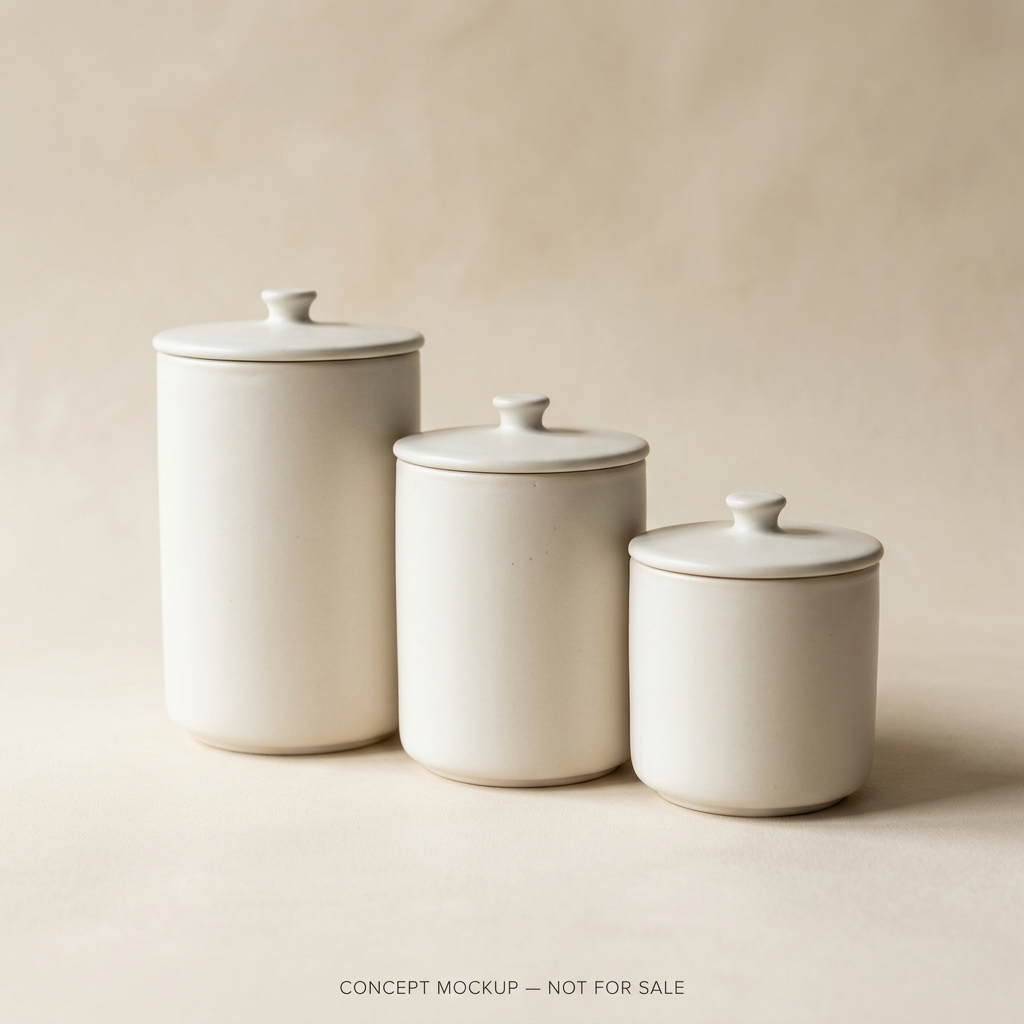 AI-generated canister set concept for prospective suppliers, not a real product for sale.