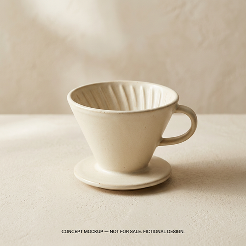 AI-generated ceramic pour-over dripper concept, not a real product for sale.