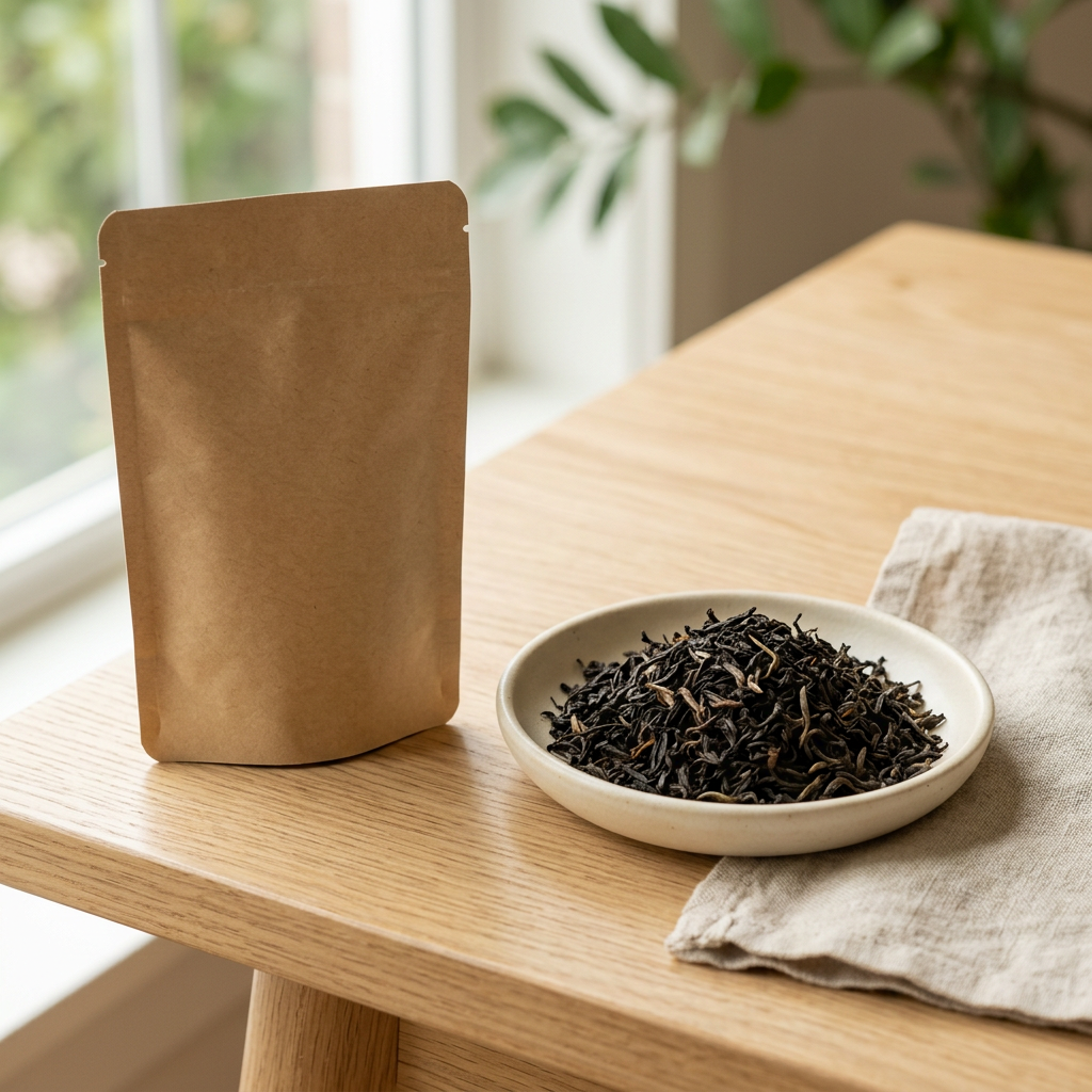 AI-generated concept image of loose-leaf tea beside a kraft pouch