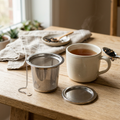 AI-generated concept image of a mesh tea infuser basket and lid beside a cream mug