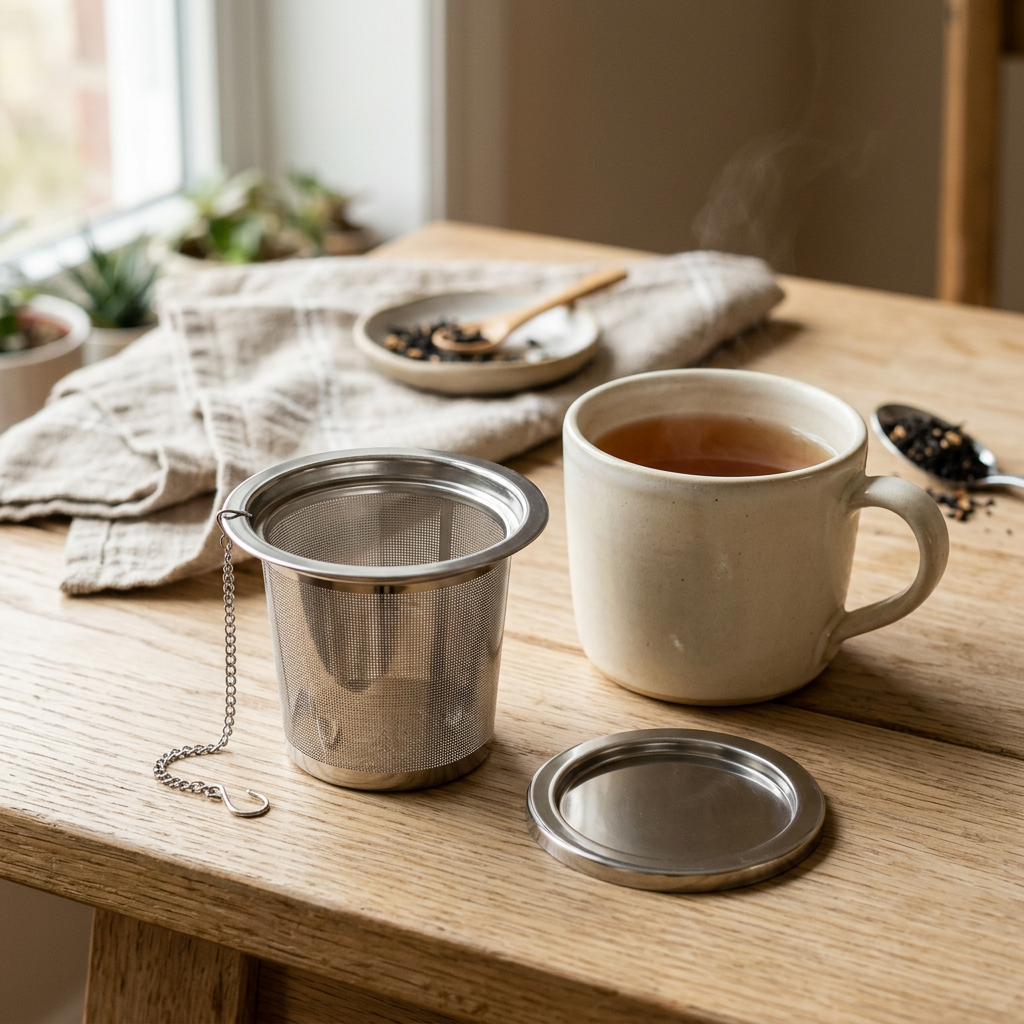 AI-generated concept image of a mesh tea infuser basket and lid beside a cream mug