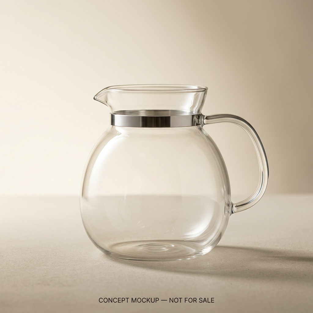AI-generated glass carafe concept for a prospective supplier presentation, not a real product for sale.
