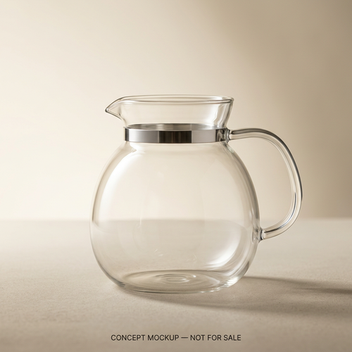 AI-generated glass carafe concept for a prospective supplier presentation, not a real product for sale.